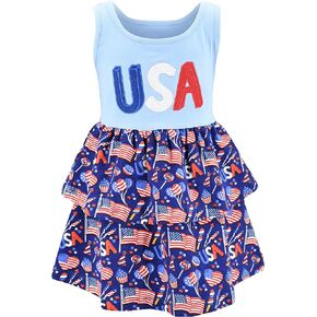 Unique Baby Girls Flag Print Patriotic 4th of July Sleeveless Dress
