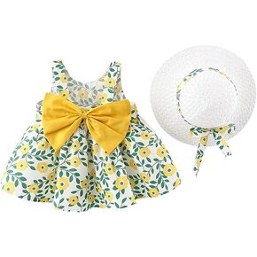 2PCS Baby Girls Tutu Dress Summer Backless Princess Birthday Party Dress Rainbow Floral Bowknot Sundress with Straw Sun Hat