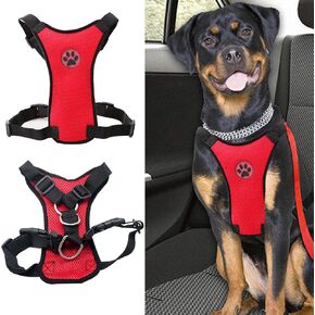 Dog Safety Car Vest Harness - MASO Pet Dog Adjustable Car Mesh Harness Seat Belt Travel Strap Vest with Car Seat Belt Lead Clip for Trip, Daily Use, Road Travel Walks, etc.(L,Red)