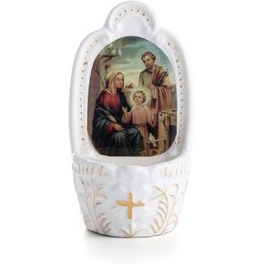 Porcelain Holy Family Catholic Holy Water Font for Entrance of Home Church Wall Hanging Decor Great Gift for First Communion, Confirmation, or New Home, Catholic