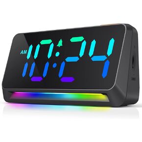 [Mirror] Super Loud Alarm Clock for Bedroom, Heavy Sleepers, Adults, Teens, Kids | Small Bedside Digital Clock with Dynamic RGB Night Light, LED Display, USB Charger, 12/24Hr, Snooze, Battery Backup