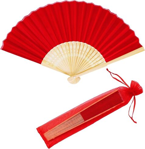 Winlyn 12 Sets Red Silk Hand Fans Chinese Handheld Silk Fans Bamboo Folding Fans Oriental Hand Fans with Bags for Asian Chinese Lunar New Year Party Favors Gift Dance Wedding Festival Holiday Decor in Saudi Arabia