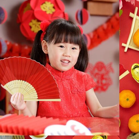 Winlyn 12 Sets Red Silk Hand Fans Chinese Handheld Silk Fans Bamboo Folding Fans Oriental Hand Fans with Bags for Asian Chinese Lunar New Year Party Favors Gift Dance Wedding Festival Holiday Decor in Saudi Arabia