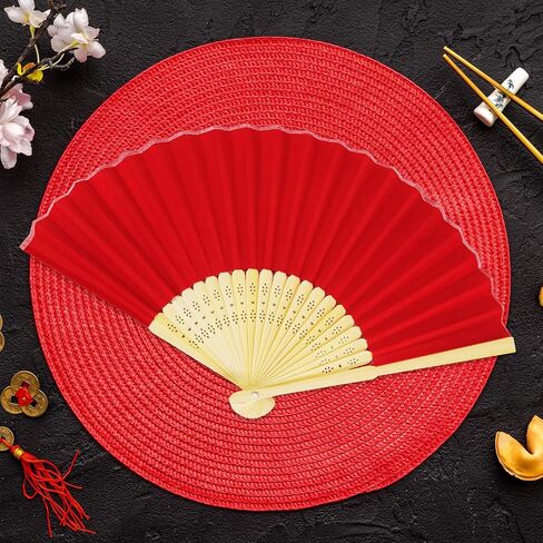 Winlyn 12 Sets Red Silk Hand Fans Chinese Handheld Silk Fans Bamboo Folding Fans Oriental Hand Fans with Bags for Asian Chinese Lunar New Year Party Favors Gift Dance Wedding Festival Holiday Decor in Saudi Arabia