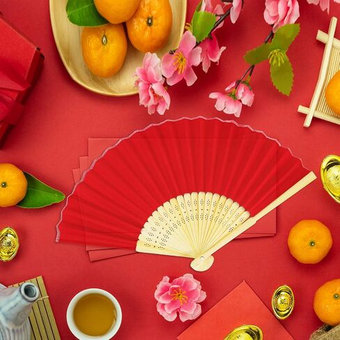 Winlyn 12 Sets Red Silk Hand Fans Chinese Handheld Silk Fans Bamboo Folding Fans Oriental Hand Fans with Bags for Asian Chinese Lunar New Year Party Favors Gift Dance Wedding Festival Holiday Decor in Saudi Arabia