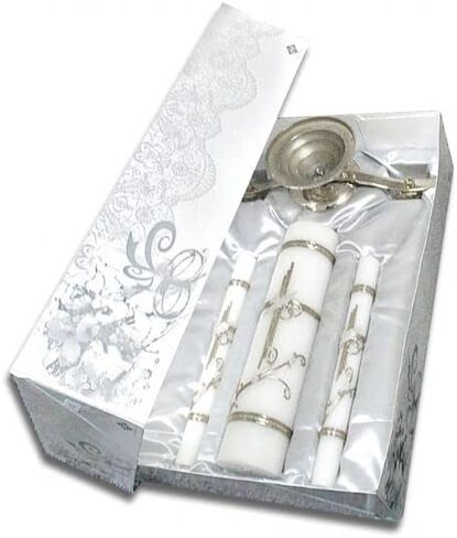 Wedding Unity Candle Set for Ceremonies, Silver Toned and White Ornate Centerpiece Candles with Dove, Cross, and Flowers, 3 Pieces Included in Saudi Arabia