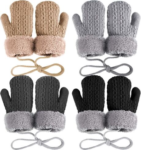SATINIOR 4 Pairs Winter Kids Knit Mittens Thicken Plush Warm Woolen Gloves with String (Black, Light Gray, Beige, Dark Gray) in Saudi Arabia