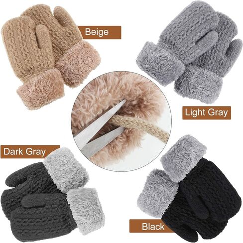 SATINIOR 4 Pairs Winter Kids Knit Mittens Thicken Plush Warm Woolen Gloves with String (Black, Light Gray, Beige, Dark Gray) in Saudi Arabia