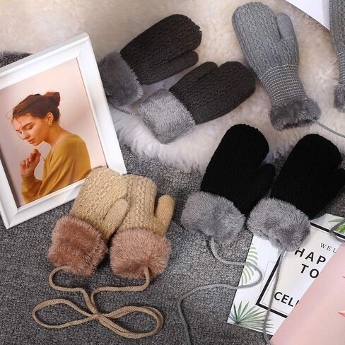 SATINIOR 4 Pairs Winter Kids Knit Mittens Thicken Plush Warm Woolen Gloves with String (Black, Light Gray, Beige, Dark Gray) in Saudi Arabia