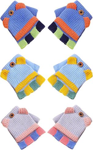 قفازات شتوية للاطفال من 3 ازواج، قفازات بدون اصابع قابلة للتحويل، قفازات دافئة بغطاء قلاب للاطفال بعمر 1-6 سنوات (ازرق فاتح، ازرق غامق، رمادي) in Kuwait