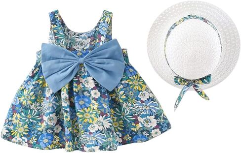 2PCS Baby Girls Tutu Dress Summer Backless Princess Birthday Party Dress Rainbow Floral Bowknot Sundress with Straw Sun Hat in Saudi Arabia