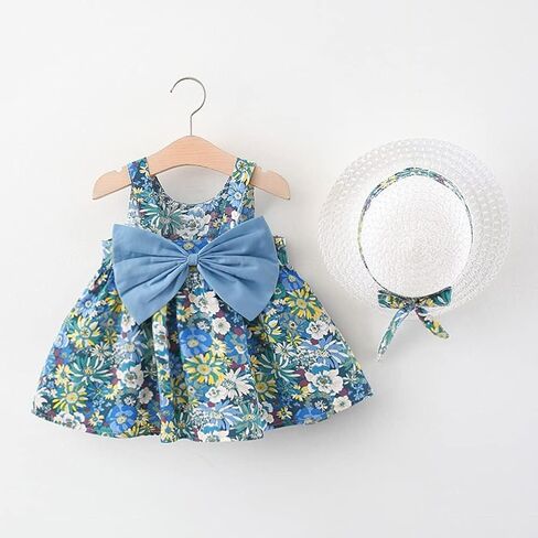 2PCS Baby Girls Tutu Dress Summer Backless Princess Birthday Party Dress Rainbow Floral Bowknot Sundress with Straw Sun Hat in Saudi Arabia