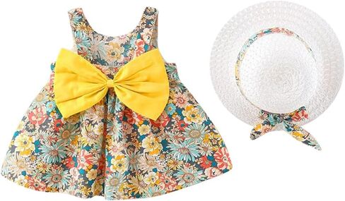 2PCS Baby Girls Tutu Dress Summer Backless Princess Birthday Party Dress Rainbow Floral Bowknot Sundress with Straw Sun Hat in Saudi Arabia