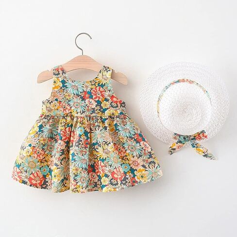 2PCS Baby Girls Tutu Dress Summer Backless Princess Birthday Party Dress Rainbow Floral Bowknot Sundress with Straw Sun Hat in Saudi Arabia