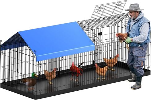 PJYuCien Playpen، 86 بوصة × 40 بوصة × 40 بوصة حظيرة الدجاج المعدنية بيت روضة الدجاج مع قاعدة مقاومة للماء وغطاء علوي أزرق، يعمل الدجاج للفناء، جيد للصغار in Kuwait