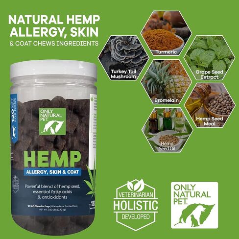 Only Natural Pet Allergy, Skin & Coat Hemp Soft Chews - Allergy Immune Bites for Dogs, Omega 3 Supplement, Hemp Oil - Calming Treats for Itchy Skin Relief, Hot Spot - (120 Count) in Saudi Arabia