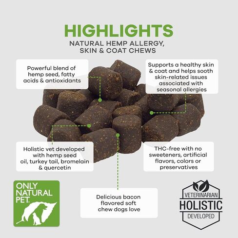 Only Natural Pet Allergy, Skin & Coat Hemp Soft Chews - Allergy Immune Bites for Dogs, Omega 3 Supplement, Hemp Oil - Calming Treats for Itchy Skin Relief, Hot Spot - (120 Count) in Saudi Arabia