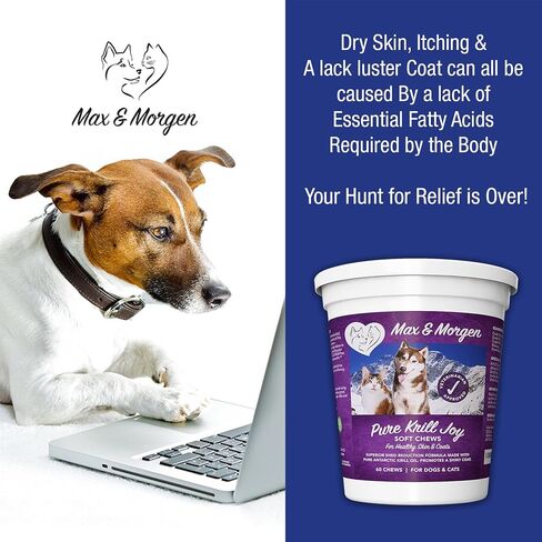 Pure Krill Joy, Antarctic Krill Oil Soft Chews for Dogs, Rich in Omega 3 and Antioxidants, Unique Shed Reducing Formula, Improves Skin and Coat, Low Allergen, Made in The USA, 60 Soft Chews. in Saudi Arabia