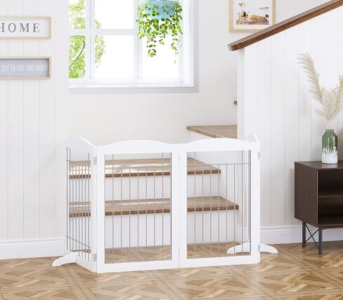 بوابة Spirich عريضة للغاية وطويلة للكلاب للمنزل، المدخل، السلالم، بوابة سلكية قابلة للطي قائمة بذاتها للكلاب، عرض 80 بوصة، طول 30 بوصة، أبيض (4 ألواح) in Kuwait