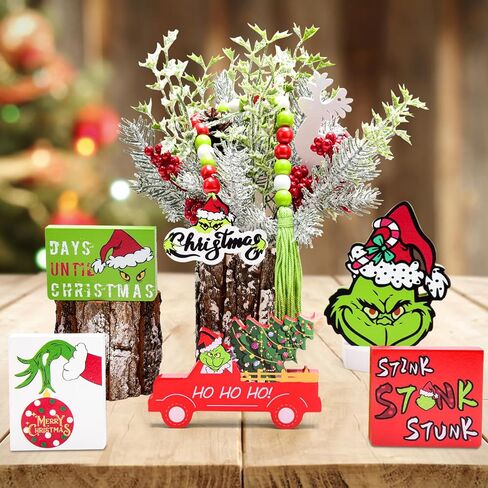 YYAKIEUD Grinch عيد الميلاد صينية ديكور - 6 قطع عيد الميلاد صينية متدرجة الديكور، علامات خشب عيد الميلاد للمزرعة ريفي عيد الميلاد عطلة داخلي المنزل الجدول أعلى الزينة in Saudi Arabia
