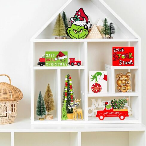 YYAKIEUD Grinch عيد الميلاد صينية ديكور - 6 قطع عيد الميلاد صينية متدرجة الديكور، علامات خشب عيد الميلاد للمزرعة ريفي عيد الميلاد عطلة داخلي المنزل الجدول أعلى الزينة in Saudi Arabia