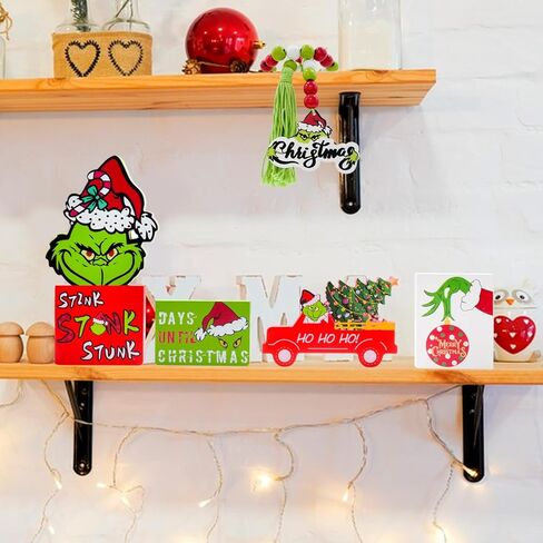 YYAKIEUD Grinch عيد الميلاد صينية ديكور - 6 قطع عيد الميلاد صينية متدرجة الديكور، علامات خشب عيد الميلاد للمزرعة ريفي عيد الميلاد عطلة داخلي المنزل الجدول أعلى الزينة in Saudi Arabia