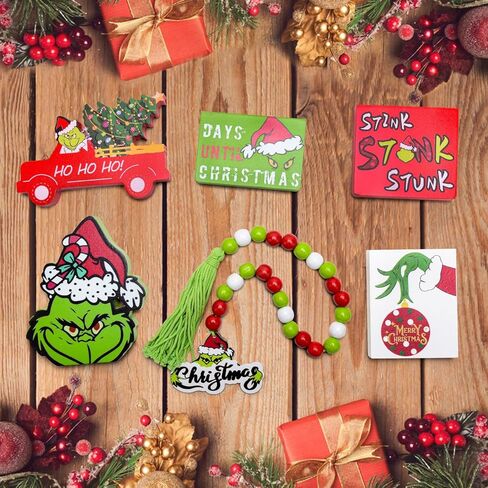 YYAKIEUD Grinch عيد الميلاد صينية ديكور - 6 قطع عيد الميلاد صينية متدرجة الديكور، علامات خشب عيد الميلاد للمزرعة ريفي عيد الميلاد عطلة داخلي المنزل الجدول أعلى الزينة in Saudi Arabia