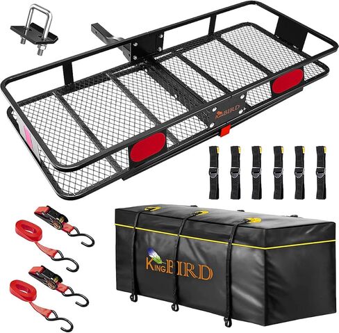 حامل بضائع KING BIRD قابل للطي مقاس 60 × 24 × 6 مع حقيبة مقاومة للماء سعة 18 قدم ومثبت وصلة وأشرطة سقاطة تناسب جهاز استقبال 2 بوصة، وسلة شحن بسعة 550 رطل | وصلة جر مقطورة لنقل البضائع in Kuwait