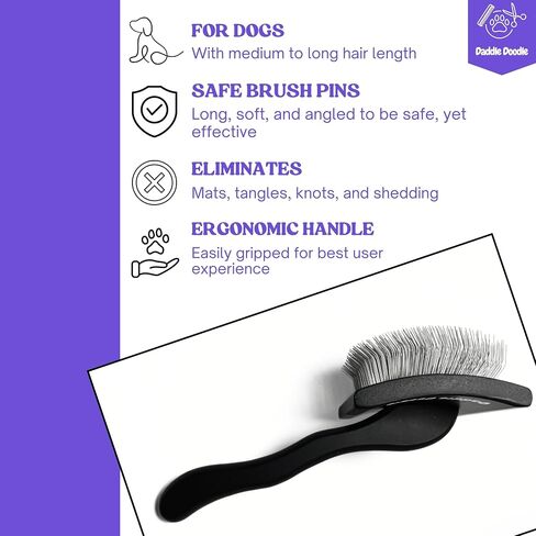 فرشاة Daddle Doodle Dog Slicker - فرشاة العناية بالكلاب مصممة خصيصًا لجميع أنواع القلطي ومزيج رسومات الشعار المبتكرة - زغب، وأناقة، وفك تشابك، وديمات - تصميم مقبض مريح - دبابيس فرشاة ناعمة وزاوية in Saudi Arabia