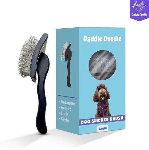 فرشاة Daddle Doodle Dog Slicker - فرشاة العناية بالكلاب مصممة خصيصًا لجميع أنواع القلطي ومزيج رسومات الشعار المبتكرة - زغب، وأناقة، وفك تشابك، وديمات - تصميم مقبض مريح - دبابيس فرشاة ناعمة وزاوية in Saudi Arabia