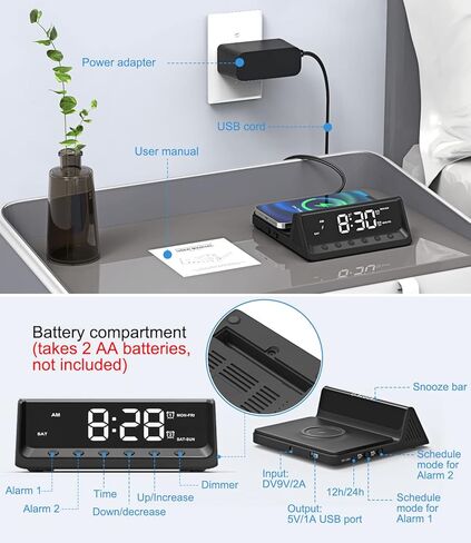Alarm Clock for Heavy Sleepers Adults, Teenagers, Kids - Digital Clock with Wireless Charging, Dual Alarm(7-5-2), USB Charger, Dimmable, Calendar - Simple Loud Clocks for Bedrooms Dorm in Kuwait