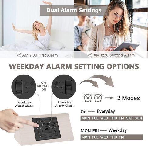 Kogonee Wooden Digital Alarm Clock, 0-100% Dimmer, 2 Alarm Settings, Weekday/Everyday Mode, 9 Mins Snooze, 12/24H, Temperature and Date Display for Office, Travel, Bedroom Alarm Clock (Black) in Saudi Arabia