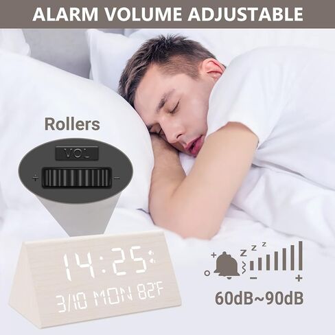 Kogonee Wooden Digital Alarm Clock, 0-100% Dimmer, 2 Alarm Settings, Weekday/Everyday Mode, 9 Mins Snooze, 12/24H, Temperature and Date Display for Office, Travel, Bedroom Alarm Clock (Black) in Saudi Arabia