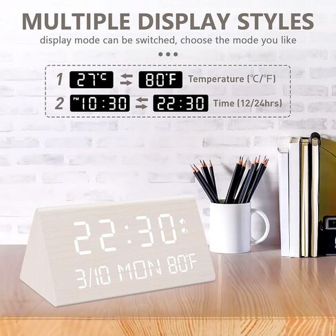 Kogonee Wooden Digital Alarm Clock, 0-100% Dimmer, 2 Alarm Settings, Weekday/Everyday Mode, 9 Mins Snooze, 12/24H, Temperature and Date Display for Office, Travel, Bedroom Alarm Clock (Black) in Saudi Arabia