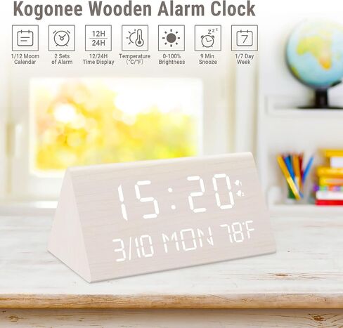 Kogonee Wooden Digital Alarm Clock, 0-100% Dimmer, 2 Alarm Settings, Weekday/Everyday Mode, 9 Mins Snooze, 12/24H, Temperature and Date Display for Office, Travel, Bedroom Alarm Clock (Black) in Saudi Arabia