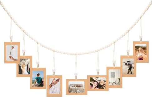 عرض الصور المعلقة بطول 5 أقدام من jijAcraft مع مشابك الغسيل، وإكليل من الخرز الخشبي مع مشبك للصور وعلامات قلب خشبية، حامل مشبك صور أنيق لتزيين جدار بوهو، وغرفة النوم، والمنزل، وغرفة نوم الحضانة in Kuwait