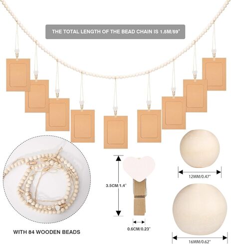عرض الصور المعلقة بطول 5 أقدام من jijAcraft مع مشابك الغسيل، وإكليل من الخرز الخشبي مع مشبك للصور وعلامات قلب خشبية، حامل مشبك صور أنيق لتزيين جدار بوهو، وغرفة النوم، والمنزل، وغرفة نوم الحضانة in Kuwait