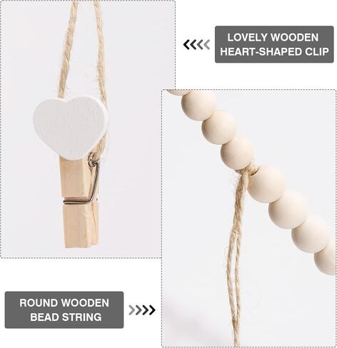 عرض الصور المعلقة بطول 5 أقدام من jijAcraft مع مشابك الغسيل، وإكليل من الخرز الخشبي مع مشبك للصور وعلامات قلب خشبية، حامل مشبك صور أنيق لتزيين جدار بوهو، وغرفة النوم، والمنزل، وغرفة نوم الحضانة in Kuwait