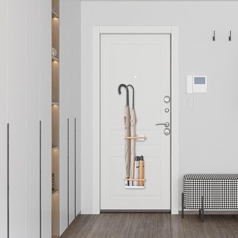 حامل مظلة مثبت على الحائط باللون الأبيض من AUSTUFF، حامل مظلة بطول قابل للتعديل من الحديد، رف مظلة مغناطيسي، مناسب لتخزين رف المظلة الطويلة والقصيرة، تخزين المظلة الداخلية للممر in Kuwait