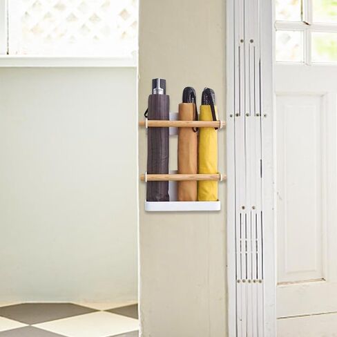 حامل مظلة مثبت على الحائط باللون الأبيض من AUSTUFF، حامل مظلة بطول قابل للتعديل من الحديد، رف مظلة مغناطيسي، مناسب لتخزين رف المظلة الطويلة والقصيرة، تخزين المظلة الداخلية للممر in Kuwait