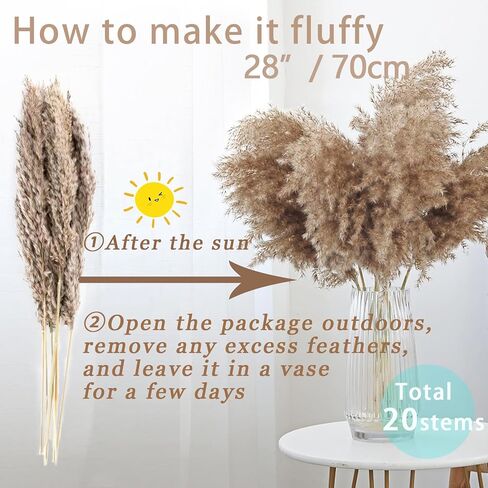 28" inch 20 Stems Large Pampas Grass Decor - Fluffy Brown & White Pampas Grass Decor Tall Pompas Grass for Floor Vase - Boho Home Decor Wedding Decor Natural Flower Bouquet in Kuwait