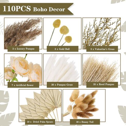 Auidy_6TXD 110 قطعة من ديكور عشب بامباس الطبيعي، بوهو بامباس عشب أوراق النخيل المجففة باقة نباتات مجففة للمنزل قطع مركزية لحفلات الزفاف وديكور ترتيبات الزهور in Kuwait