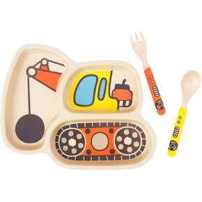 Kid Plate Set Bamboo Toddler Plates Dinnerware Dinner Dish Set Baby Feeding Spill Proof Divided Plate - Baby Spoon and fork 3-Piece Set for Kids and Toddlers Teaches Child Portion Control