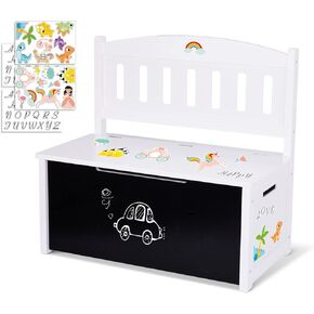 TOOKYLAND Wooden Toy Chest with Safety Hinged Lid for Kids, Toy Organizer and Storage Box with Blackboard, Seating Bench, Personalized Stickers in Kuwait