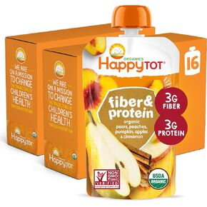 Happy Tot Organics Fiber & Protein Pears Apples Peaches Pumpkin + Cinnamon, 4 Ounce Pouch (Pack of 16) (Packaging May Vary) in Saudi Arabia