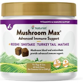 NaturVet Mushroom Max Advanced Immune Support Dog Supplement – Helps Strengthen Immunity, Overall Health for Dogs – Includes Shitake Mushrooms, Reishi, Turkey Tail – 120 Ct.