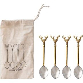 Creative Co-Op Stainless Steel and Brass Canapé Knives with Gold Finish Wreath Handles, Set of 4 in Printed Drawstring Bag in Kuwait