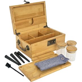 Bamboo Box with Combination Lock & Accessories -3 Smell Proof Jars, 4 Tube, Rolling Tray,Brush - Accessories Family Organizer Set with Handle, Locking Stash Box