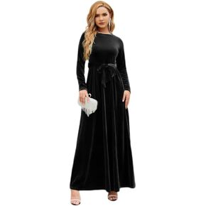 OBEEII Fall Dress for Women Long Sleeve Velvet Maxi Dress with Belt Wedding Guest Casual Holiday Party Dresses in Kuwait