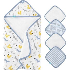 Featherhead™ 5-Piece 100% Cotton Muslin Hooded Bath Towel & Washcloths Unisex Set for Baby Boy & Girl - Ultra Soft and Extra Absorbent - Newborn Essential & Perfect Baby Registry Gift (Grey Elephant) in Kuwait